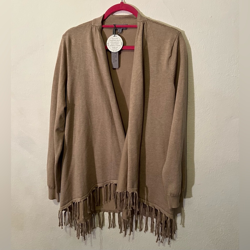 Joseph A. Knit rayon Cardigan, handmade Fringe tan /camel sweater, XL (NWT)